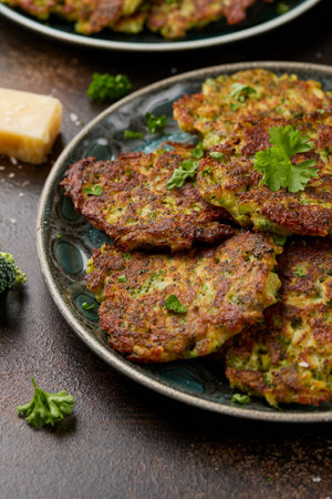 Fried Broccoli fritters or pancakes with parmesan and mozzarella cheeseの写真素材