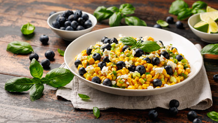 Blueberry Corn Feta Salad in white plate on wooden table. Healthy foodの写真素材