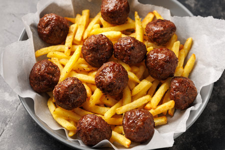 Beef meatballs and french fries. Fast food, Take away foodの写真素材