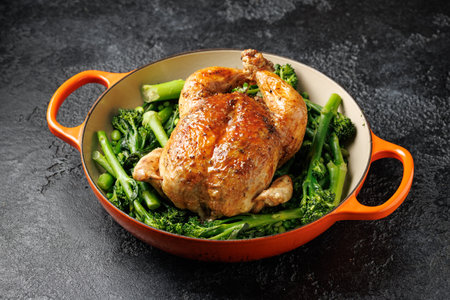 Roasted whole chicken with tenderstem broccoli peas and beans. Low carb food conceptの写真素材