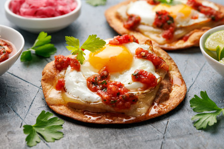 Huevos Rancheros tostadas with fried egg, tomato salsa, bean paste and cheese. Mexican food.の写真素材