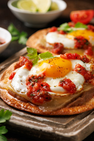 Huevos Rancheros tostadas with fried egg, tomato salsa, bean paste and cheese on wooden board.の写真素材
