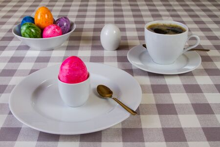Breakfast with colorful egg and coffeeの写真素材