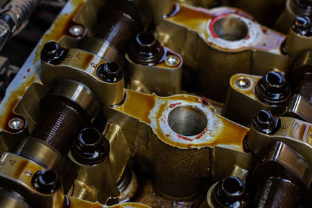 Disassembled internal combustion engine, close-up of the unit head, overhaul, replacement of gasketsの写真素材