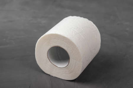 One toilet paper rolls on a gray background, close-upの写真素材