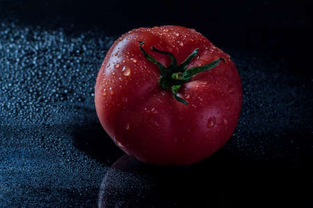 tomato on black background with dropsの写真素材