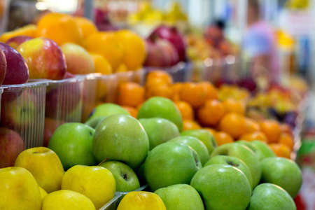 different fruits on the market counterの写真素材