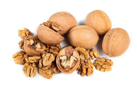 Walnuts and kernels isolated on white background, healthy food