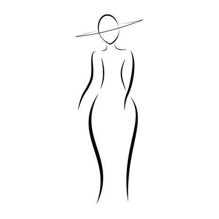 Silhouette of an elegant lady in a long dress and wide-brimmed hat, vector illustrationのイラスト素材