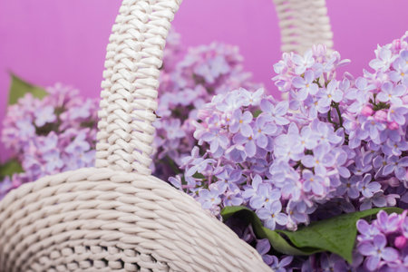 Beautiful white vintage wicker basket on a wooden table. Lilac flowers in a retro basket, home decorの写真素材