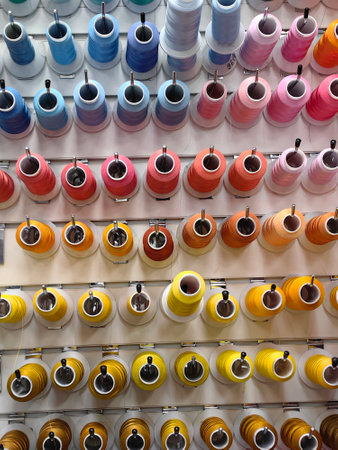 Colorful spools of thread are attached to the wall.