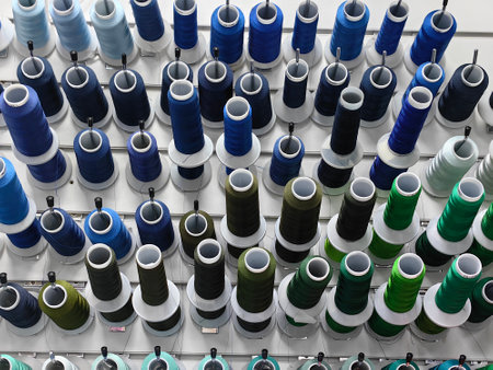 Colorful spools of thread are attached to the wall.