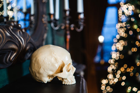 Plastic decorative skull on the fireplace or shelves, Halloween decorの写真素材
