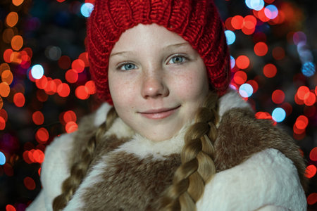 Beautiful child smiles on a New Year's background. A girl with blue eyes Caucasian, very cute sweet...