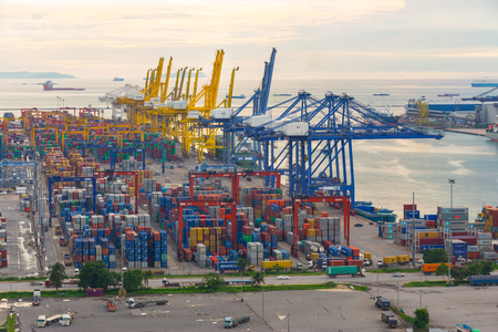 Bangkok, Thailand - September 28, 2015 : Container cargo freight ship at port during sunsetのeditorial素材