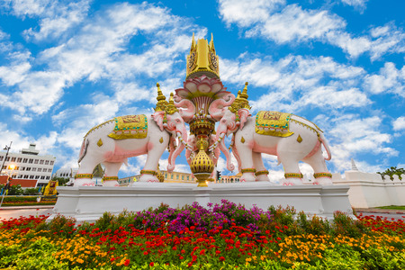 Three Erawan statues and symbols King, In front of Grand Palace, Emerald Buddha Temple, Wat Phra Kaew in Bangkok The statues of White Elephants in front of the Grand Palace or Emerald Buddha Temple.の写真素材