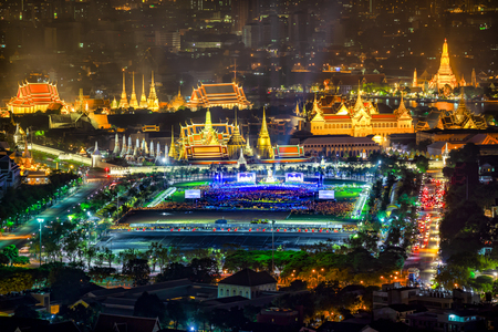 Fireworks on Father's day while King Bhumibol's body was living in as passed away Grand Palace Emerald Buddha city view skyline at night, Bangkok, Thailand.のeditorial素材