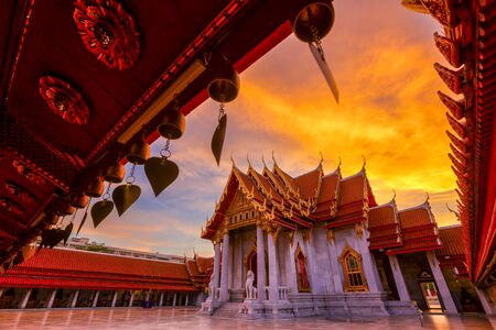 Beautiful Thai Marble Temple (Wat Benchamabophit) during twilight sunset time in Bangkok, Thailand.の写真素材