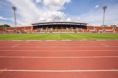Athletics stadium running track red lines marks.  Start lane. 1,2,3,4,5,6,7.の写真素材
