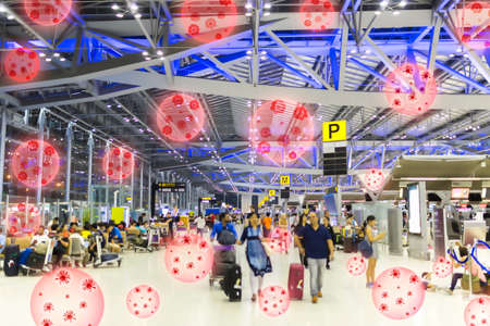 Blur many people in Terminal Departure Check-in at airport risk of infection COVID-19 because the virus nCoV-2019 outbreak and spread throughout the world.のeditorial素材