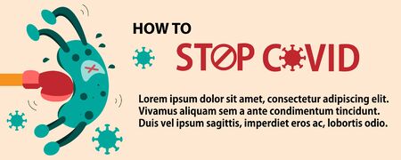 How to Stop CoVID-19 elements banner, People fight Coronavirus 2019 by boxer glove punch.のイラスト素材