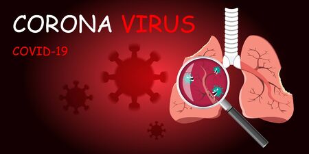 Damaged from Coronavirus cells with magnifying glass inspecting the affected on lung. COVID-19 with scary and evil face eating lung. 2019-nCoV concept.のイラスト素材