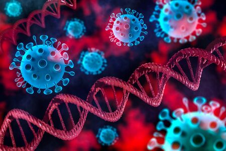 Image of Flu COVID-19 virus dna cell under the microscope on the blood. Coronavirus Covid-19 outbreak influenza background. Pandemic medical health risk concept with disease cell as a 3D render.の写真素材