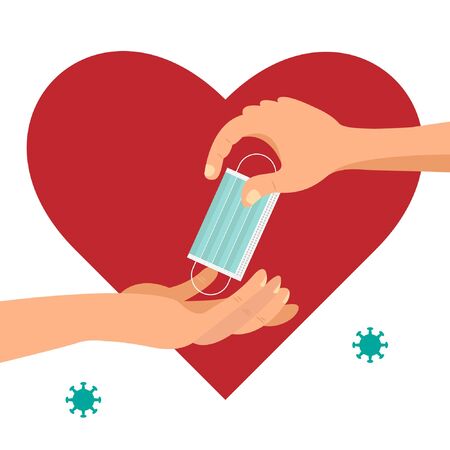 The way to help people during Coronavirus (CoVID-19) pandemic situation by giving the sanitary mask to each other.のイラスト素材