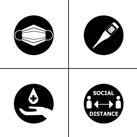 Four signs or symbols to protect Coronavirus (CoVID-19), Wear face mask, Clean your hands, Check temperature, Keep distancing.のイラスト素材