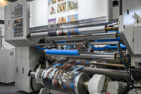 Large offset printing press or magazine running a long roll off paper in production line of industrial printer machine.の写真素材