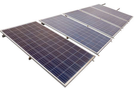 Panel of solar cells generating electricity in solar farm. (Renewable Energy Concept) with clipping...