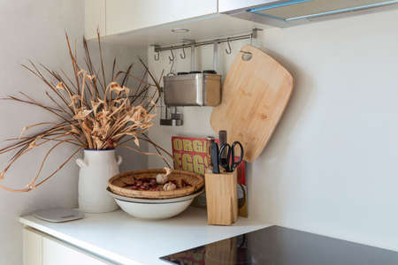 Cozy home kitchen interior appliances background with free space for text kitchen decoration ideas home front view.の写真素材