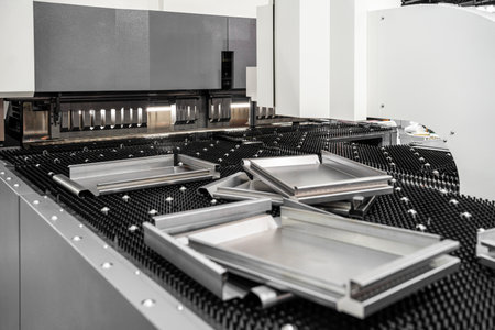 Automatic metal sheet bending machine at work in factory. CNC Panel Bender (Press Arm Type)の写真素材