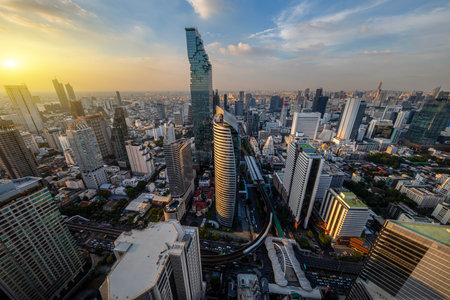 Cityscape building modern business district of Bangkok. Interchange station, sky train railway in...