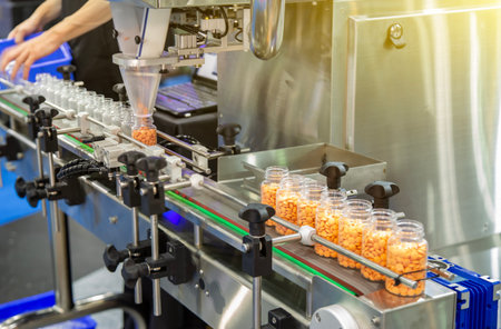 Tablet / Capsule counting machine conveyor in production line of pharmaceutical industry.