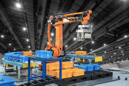 Controller of industrial robotic arm for performing, dispensing, material-handling and packaging applications in production line manufacturer factory.の写真素材