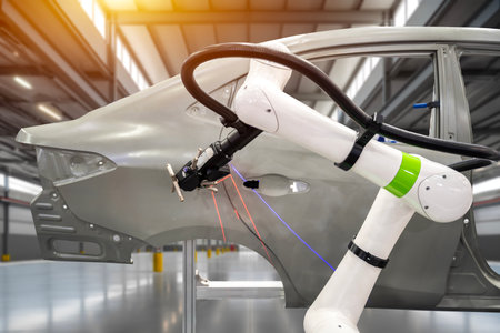 Close up high technology and accuracy equipment robot arm with laser portable 3d scan during inspection automotive part at factory.の写真素材