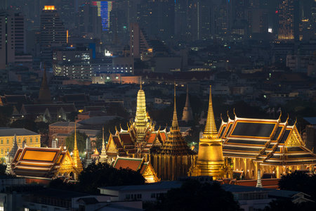 Top view of The Grand Palace and The Emerald Buddha Temple at night time.の写真素材