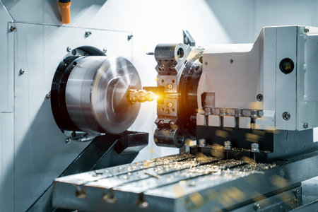 Working closeup CNC turning cutting metal Industry machine iron tools with splash water.の写真素材