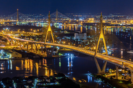 Bangkok City - Beautiful night Chao Phraya river view of Bhumibol Bridge, Thailand.の写真素材