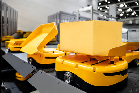 Automatic warehouse robot car carries cardboard box assembly in factory.の写真素材