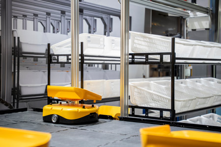 Automatic warehouse robot car carries cardboard box assembly in factory.の写真素材