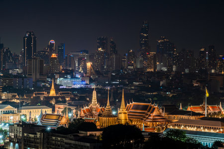 Top view of The Grand Palace and The Emerald Buddha Temple at night time.の写真素材