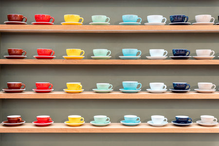 Colorful Stacks of Ceramic Mugs and Plates including yellow, red, blue and white on Wooden Shelves.
