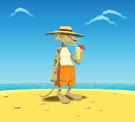 leopard in straw hat standing on beach, drinking cocktailのイラスト素材