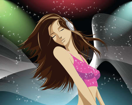pretty girl enjoys listening to music on headphonesのイラスト素材