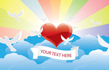 heart in clouds with flying pigeons postcard confession of loveのイラスト素材