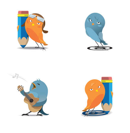Orange and blue birdies with pencils and a guitar isolatedのイラスト素材