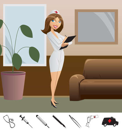 girl doctor costs in hospital, below medical iconsのイラスト素材