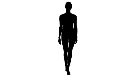 Full length view. Silhouette Lady walking in white sports lingerie and smiling. Professional shot in 4K resolution. 009. You can use it e.g. in your sport, yoga, healthy, commercial video, business, presentation, broadcastの写真素材